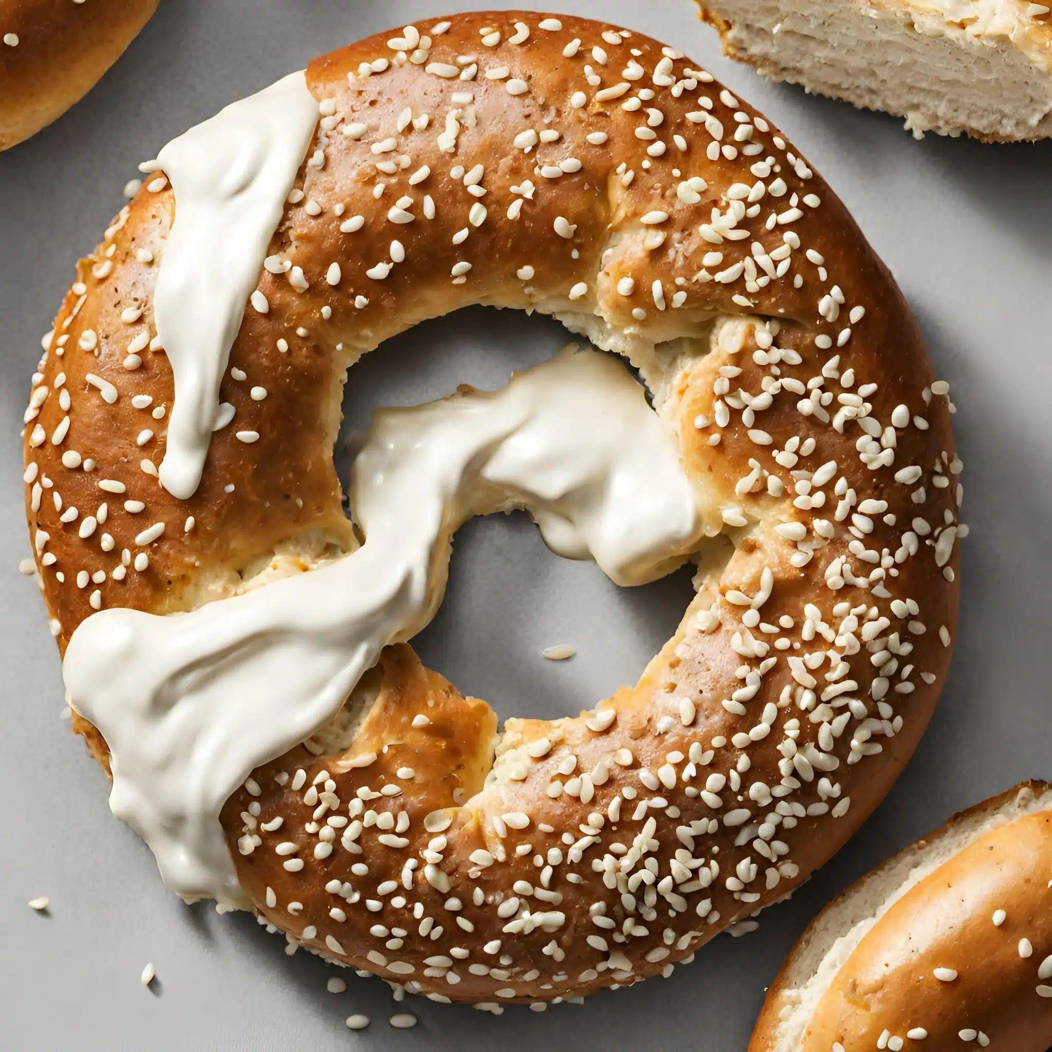 A bagel with sesame seeds and cream cheese on a white plate.