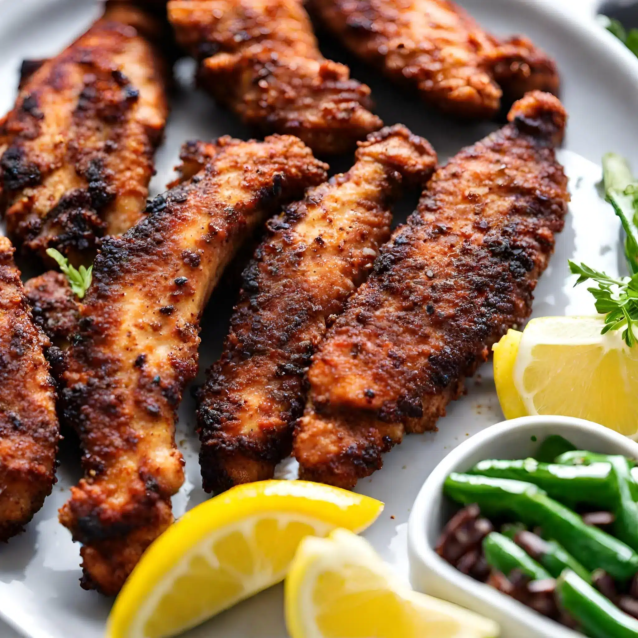 Blackened chicken with lemon slices, a popular Cajun dish.