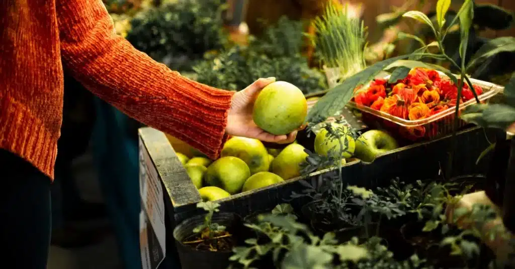 Daily Harvest offers a variety of fresh, plant-based meals at affordable prices. (Image: A person reaching for a fresh, green apple at a farmers market stall.)