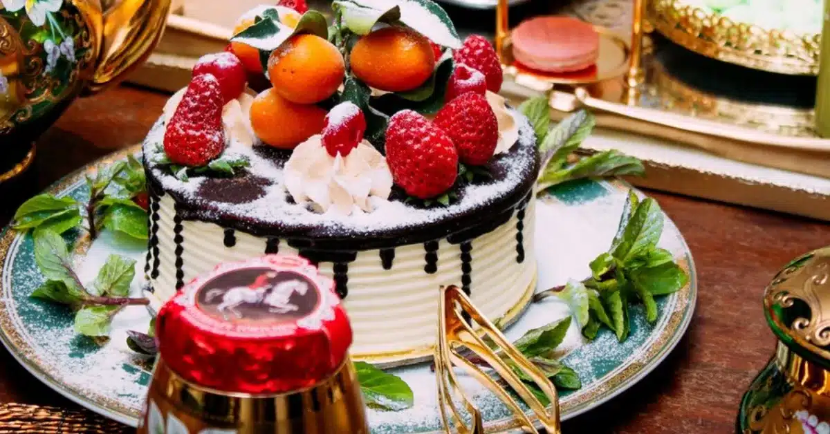dessert cake with cream and fruits on top