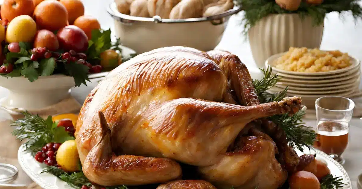 Essential ingredients for Ina Garten's turkey recipe, including a turkey, butter, salt, pepper, and string.