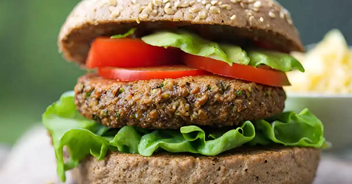 A close-up photo of a cooked turkey burger on a bun, with lettuce, tomato, and avocado.