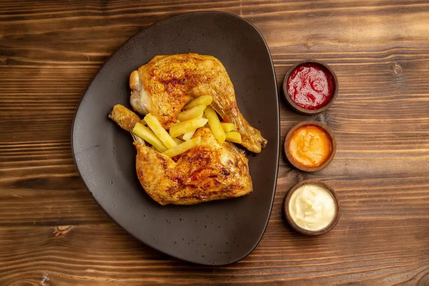A plate of chicken thighs with french fries and sauces on a wooden table.