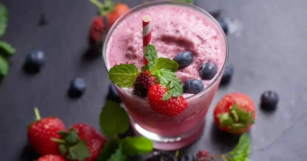 A frozen fruit smoothie in a glass, garnished with fresh berries and mint.