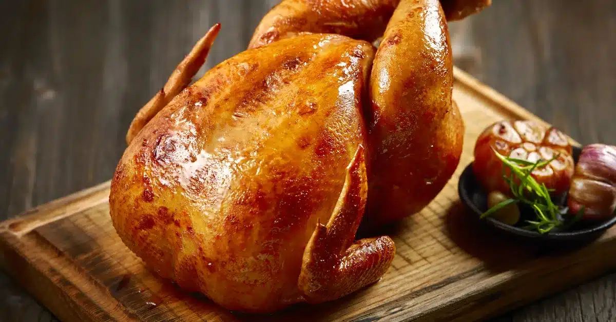 A big Roasted Chicken On a wood table.