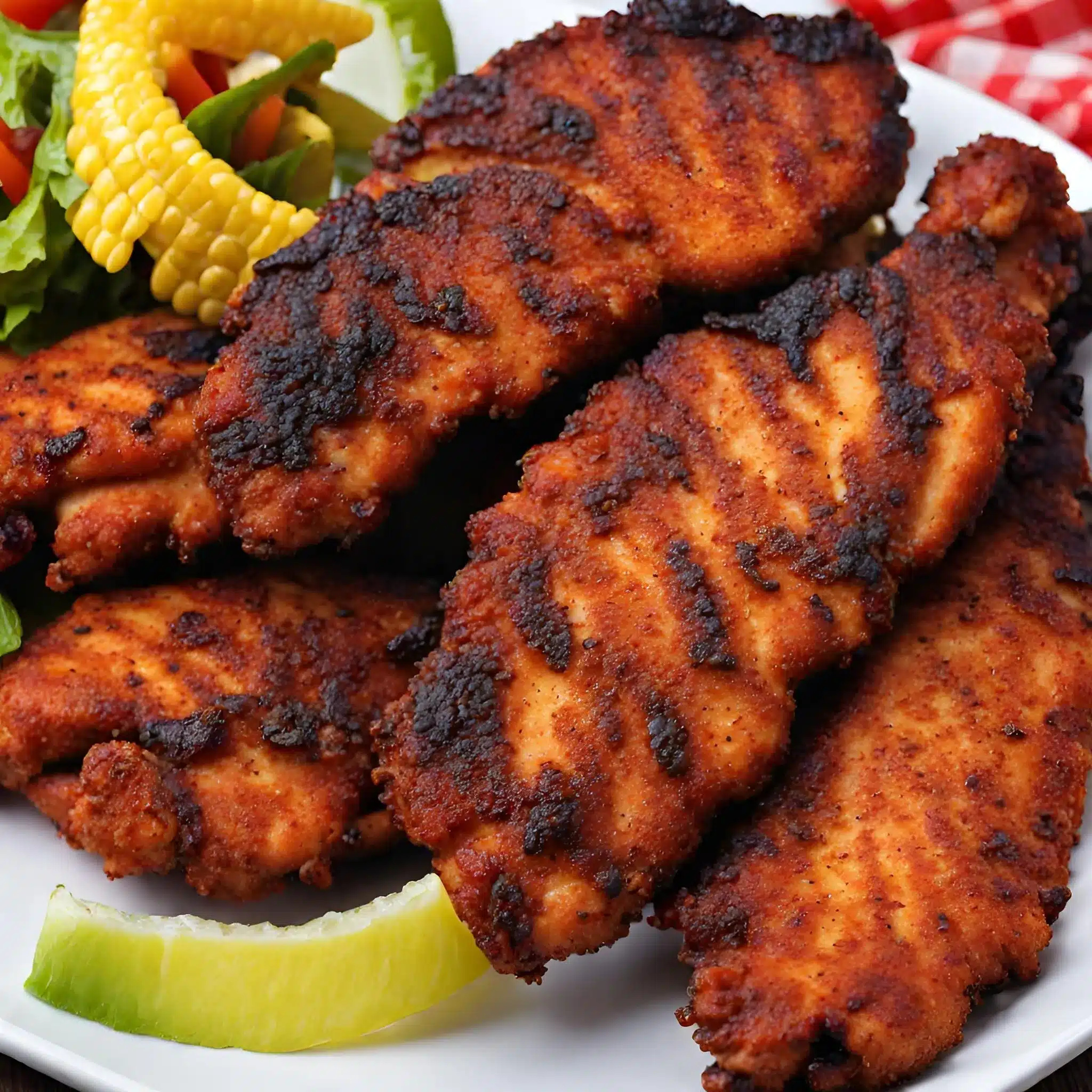 A white plate topped with blackened chicken tenders and corn on the cob on a table.