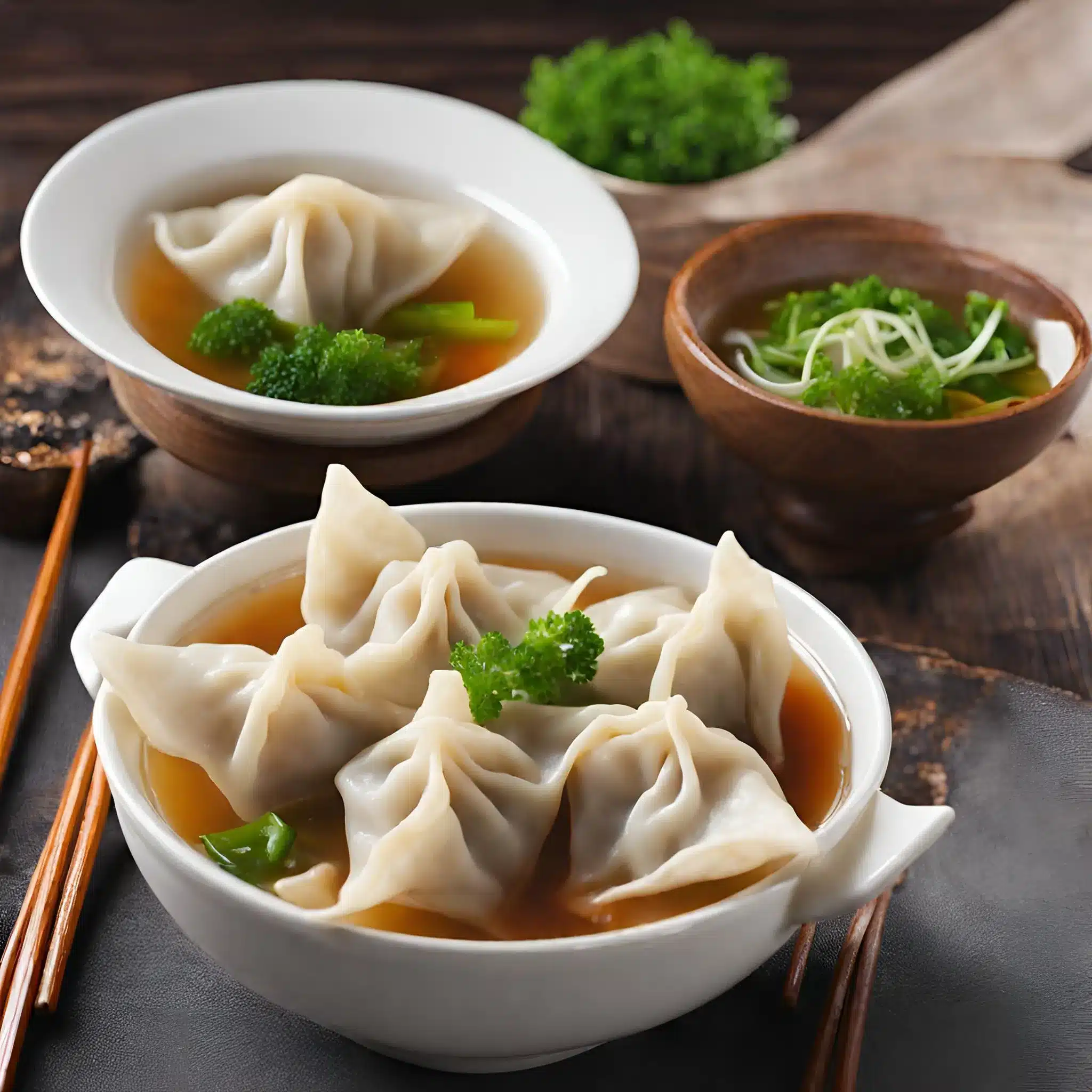 A bowl of wonton soup with dumplings and broccoli on a wooden table.