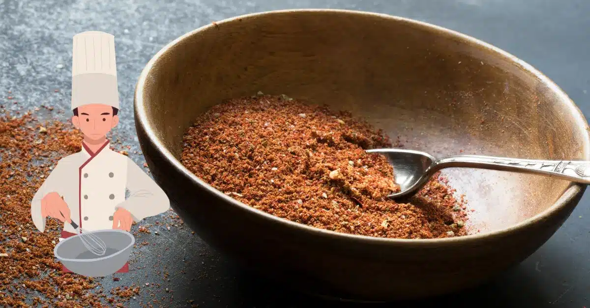 A bowl and spoon of homemade taco seasoning.