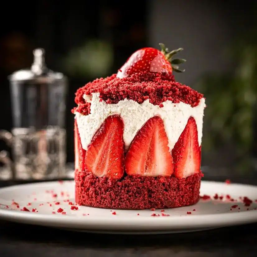 little round cheesecake decorated with strawberries on white plate