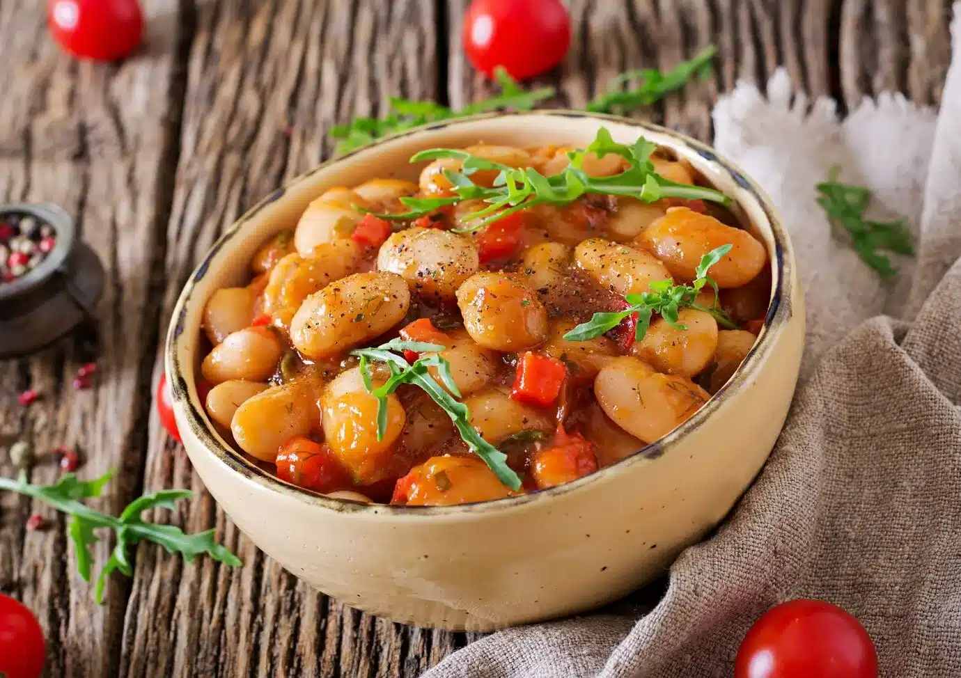 Pot of beans and tomatoes on a stove