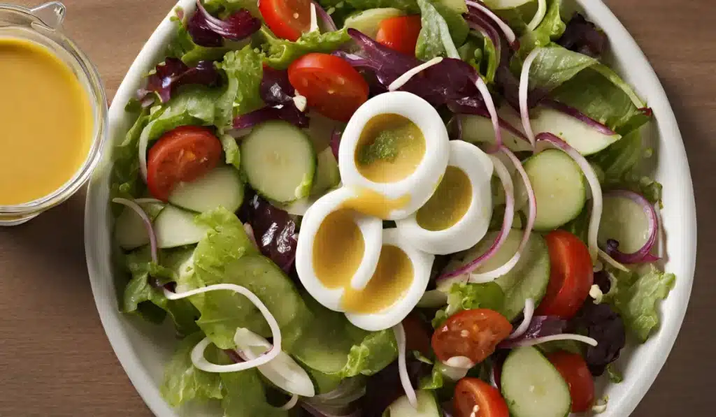 Zoe's Kitchen salad dressing on a plate of mixed greens, hard-boiled eggs, tomatoes, cucumbers, and croutons.