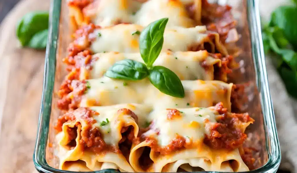 Buffalo Chicken Lasagna Roll Ups s with cheese and sauce, baked in a glass dish.