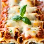 Buffalo Chicken Lasagna Roll Ups s with cheese and sauce, baked in a glass dish.