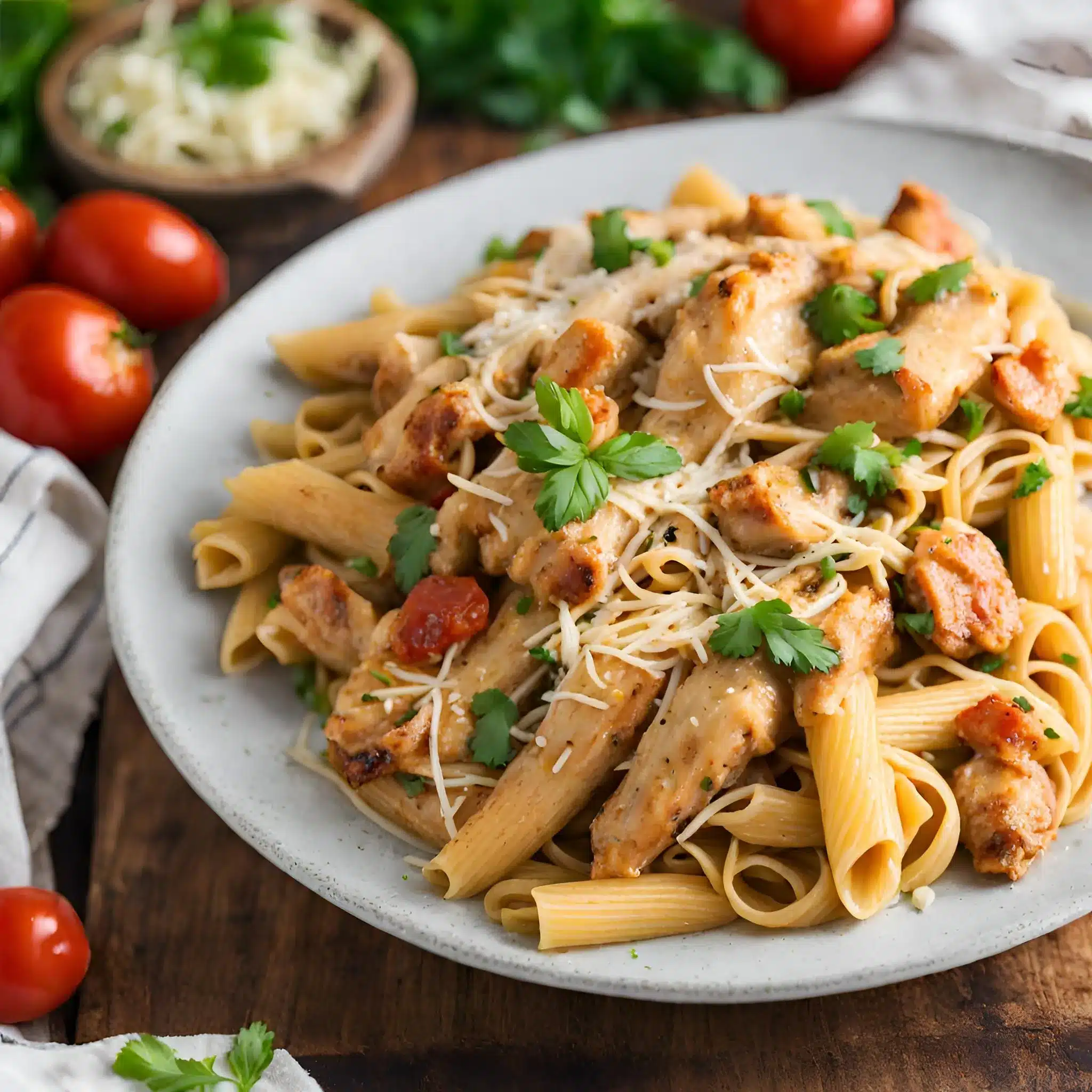 A plate of Chipotle Chicken Pasta Cheesecake Factory ona wooden table