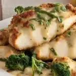 A plate of cheesecake factory chicken bellagio recipe a wooden table. The chicken is covered in a white sauce, and the broccoli is covered in a green sauce.