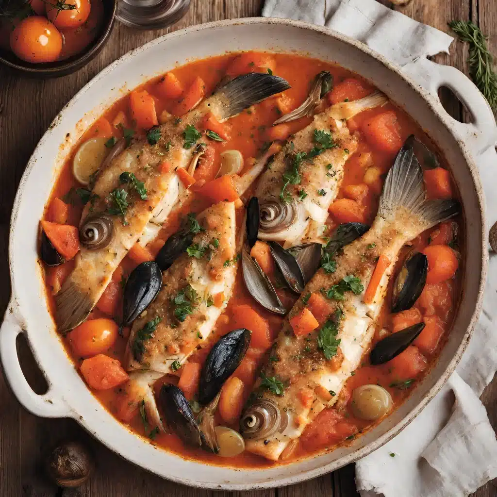 A close-up of a dish of fish and vegetables in a tomato sauce, with a garnish of parsley.